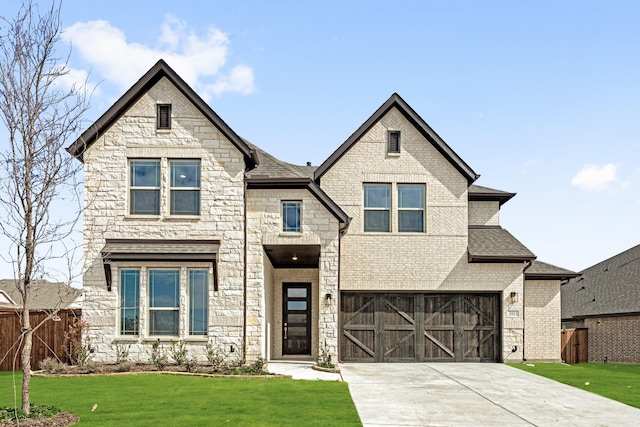 view of front of house with a shingled roof, an attached garage, a front yard, fence, and driveway