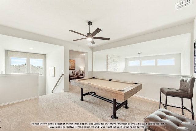 game room featuring ceiling fan, light carpet, and billiards