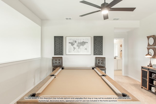 recreation room featuring light colored carpet, ceiling fan, and billiards