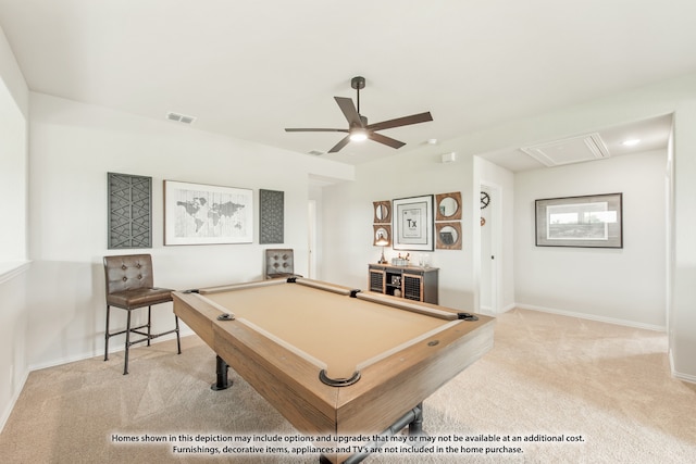 recreation room featuring pool table, ceiling fan, and light colored carpet