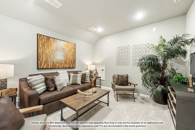 living room with vaulted ceiling and light colored carpet