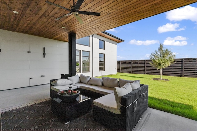 view of patio featuring ceiling fan and an outdoor hangout area