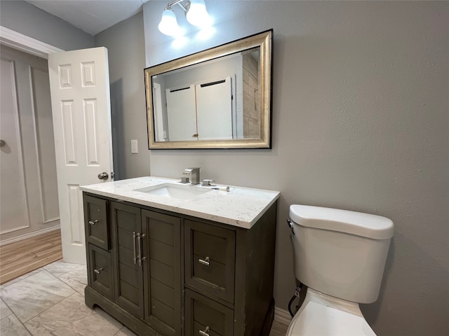 bathroom with vanity, hardwood / wood-style floors, and toilet