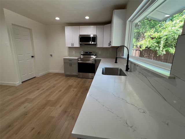 kitchen with appliances with stainless steel finishes, tasteful backsplash, sink, white cabinets, and light wood-type flooring