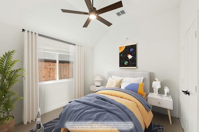 bedroom featuring carpet flooring, ceiling fan, and lofted ceiling