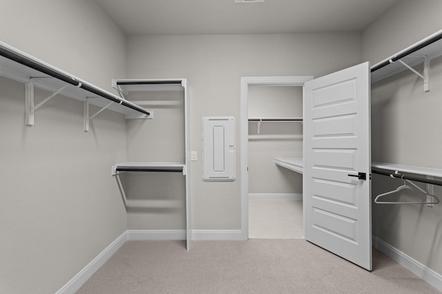 walk in closet with light carpet