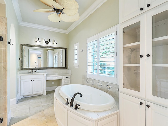 bathroom with ceiling fan, crown molding, vanity, and independent shower and bath