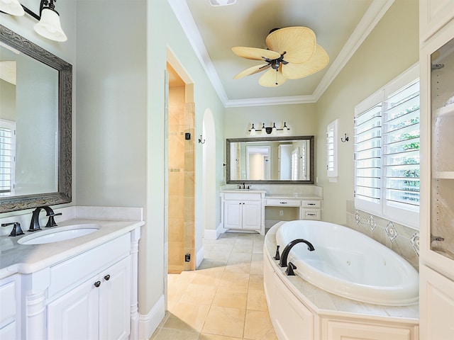 bathroom with ornamental molding, tile patterned flooring, vanity, and shower with separate bathtub