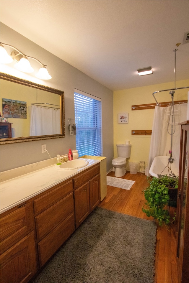 bathroom with hardwood / wood-style floors, a shower with shower curtain, vanity, and toilet