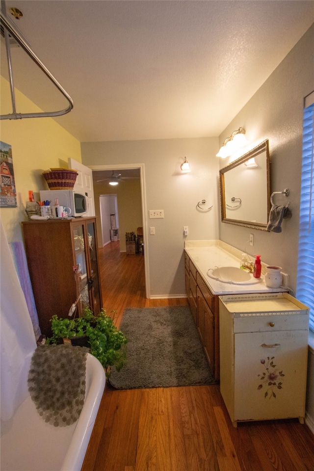 bathroom featuring vanity, a bathtub, and hardwood / wood-style flooring