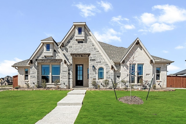 view of front facade with stone siding, a front lawn, a shingled roof, and brick siding