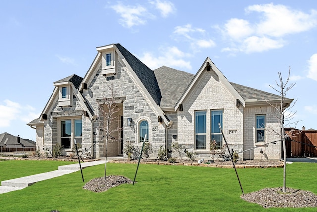 french country inspired facade with stone siding, roof with shingles, fence, and a front yard