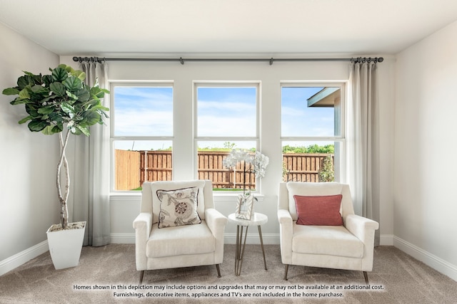 living area with plenty of natural light and carpet floors