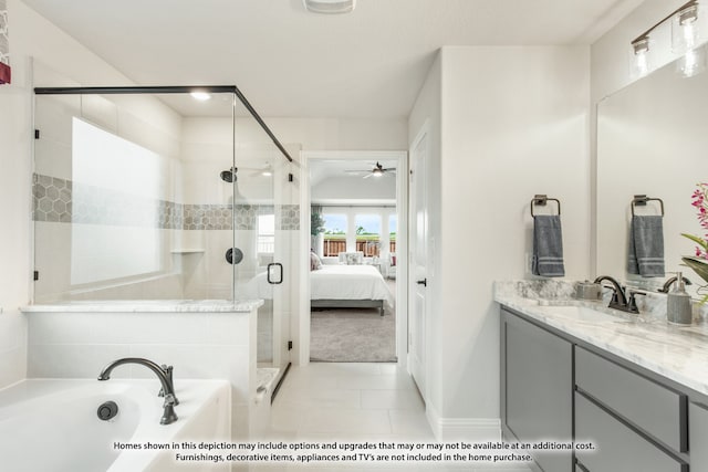 bathroom featuring independent shower and bath, vanity, tile patterned flooring, and ceiling fan