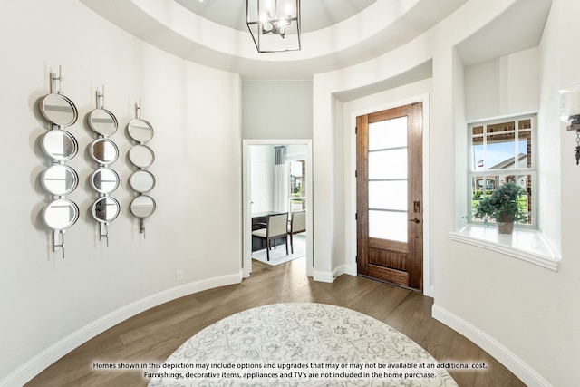 foyer featuring an inviting chandelier, a raised ceiling, and hardwood / wood-style floors