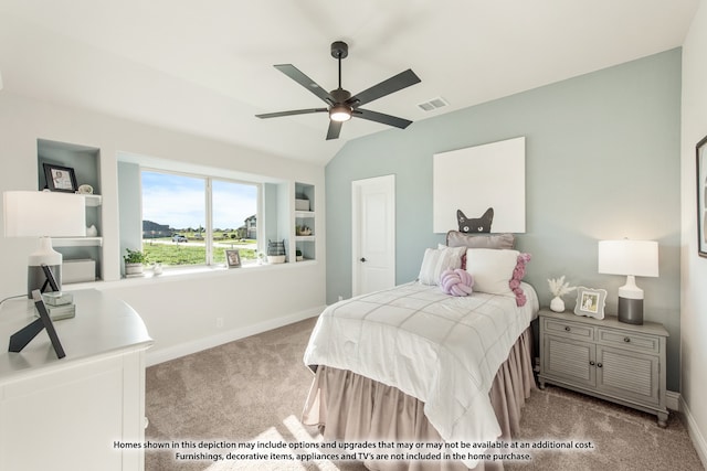 bedroom with lofted ceiling, light carpet, and ceiling fan