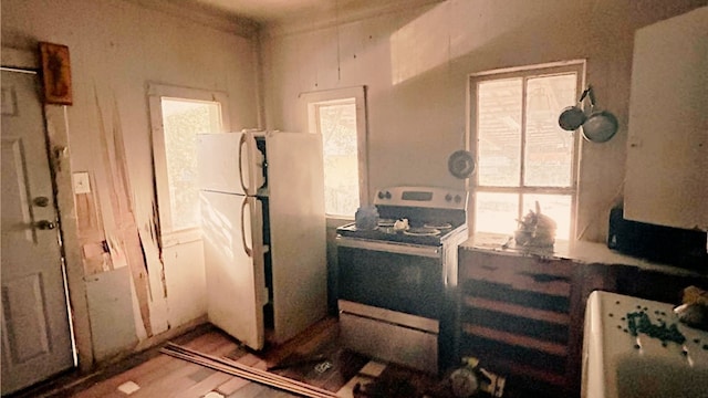 kitchen with hardwood / wood-style flooring and white appliances