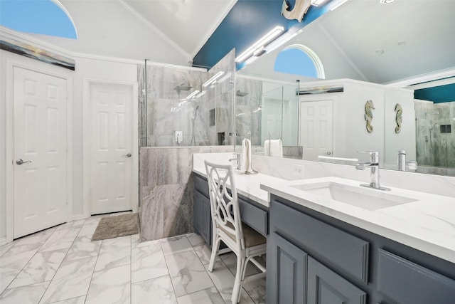 bathroom featuring walk in shower, vanity, ornamental molding, and high vaulted ceiling