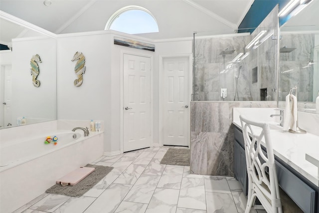 bathroom with plus walk in shower, ornamental molding, and vanity