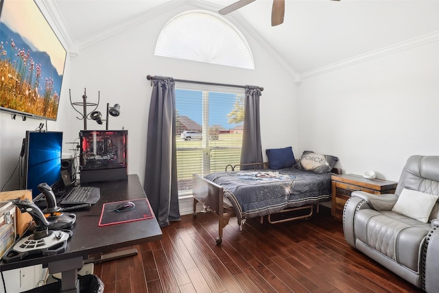 bedroom with ceiling fan, dark hardwood / wood-style floors, crown molding, and high vaulted ceiling