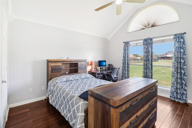 bedroom featuring ceiling fan, dark wood-type flooring, and high vaulted ceiling