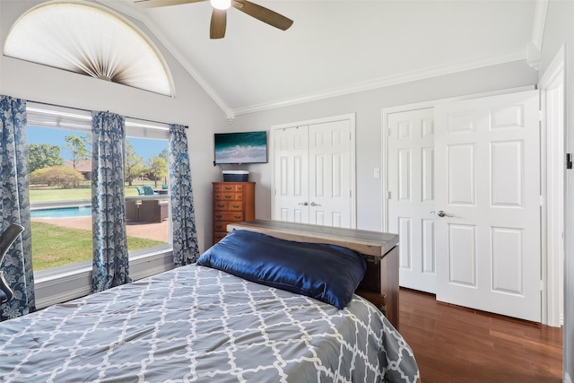 bedroom featuring ceiling fan, vaulted ceiling, crown molding, multiple closets, and dark wood-type flooring