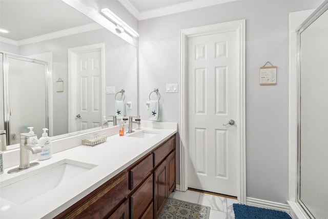 bathroom with a shower with door, ornamental molding, and vanity