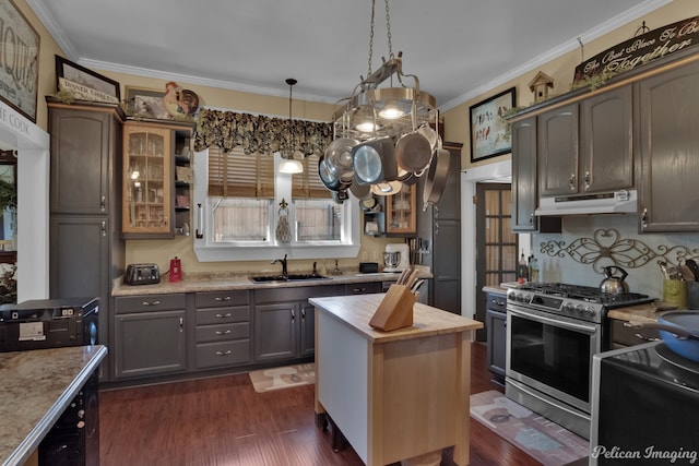 kitchen with hanging light fixtures, sink, stainless steel gas range oven, dark hardwood / wood-style floors, and a center island