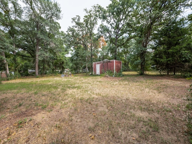 view of yard featuring a storage unit