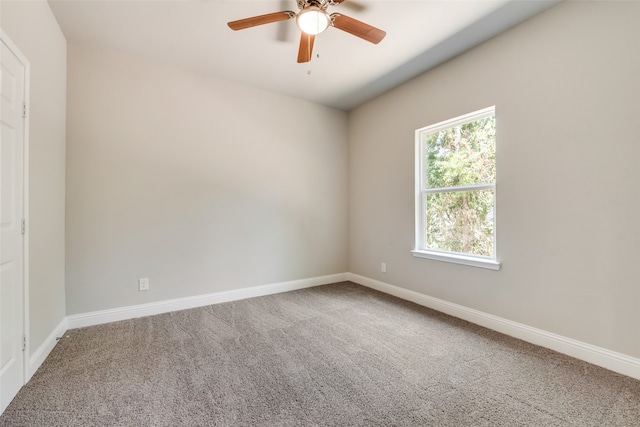 unfurnished room featuring ceiling fan and carpet flooring