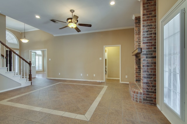 unfurnished living room featuring ceiling fan, ornamental molding, and light tile patterned floors