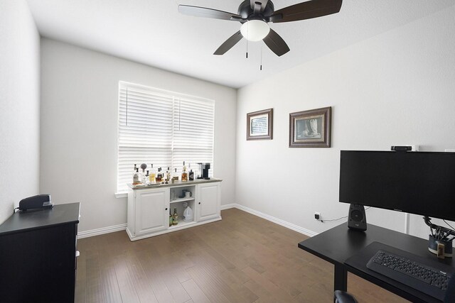 office space with dark hardwood / wood-style flooring and ceiling fan