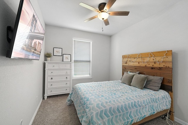 bedroom with light colored carpet and ceiling fan