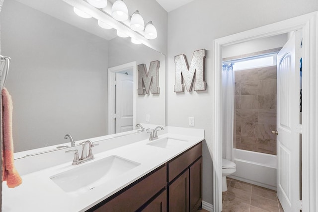 12712 Cold Spring Ln, Ponder, TX 76259 - bathroom with double vanity, shower / bathtub combination with curtain, and tile patterned floors