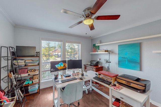 home office featuring ornamental molding, plenty of natural light, and dark wood-type flooring