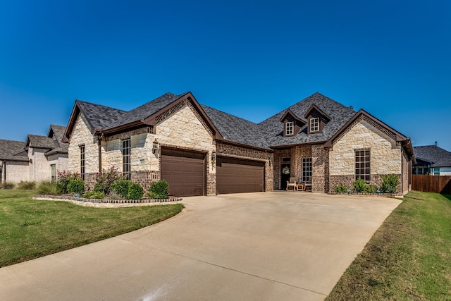 french country home featuring a garage, driveway, a front lawn, and fence