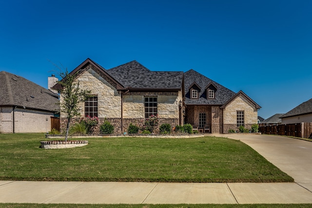 french provincial home featuring a shingled roof, concrete driveway, fence, stone siding, and a front lawn