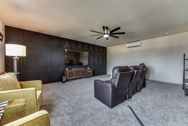 cinema with a textured ceiling, ceiling fan, a wall mounted AC, and light carpet