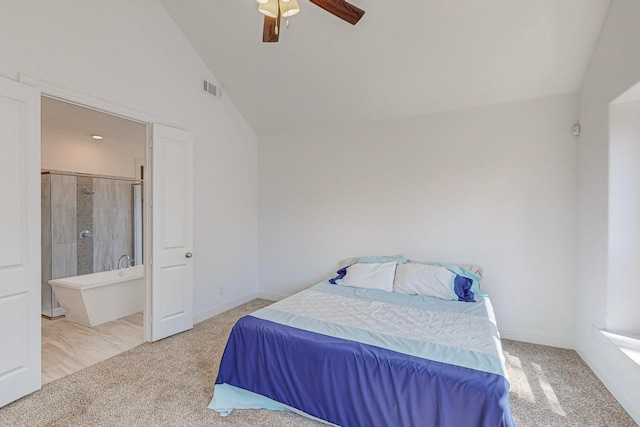 carpeted bedroom featuring ceiling fan and lofted ceiling