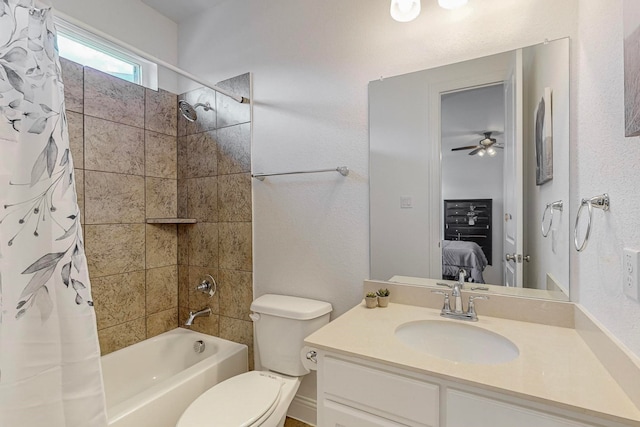 full bathroom with vanity, toilet, shower / bathtub combination with curtain, and ceiling fan