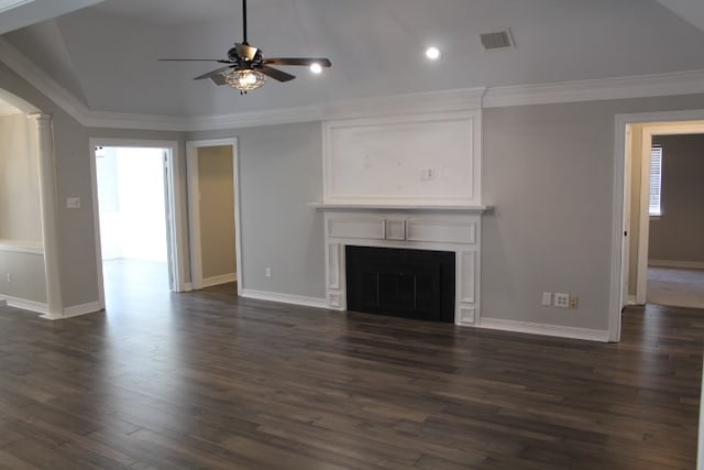 unfurnished living room with ceiling fan, crown molding, dark wood-type flooring, and vaulted ceiling