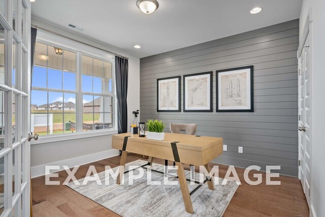 bedroom with a tray ceiling, multiple windows, and dark wood-type flooring