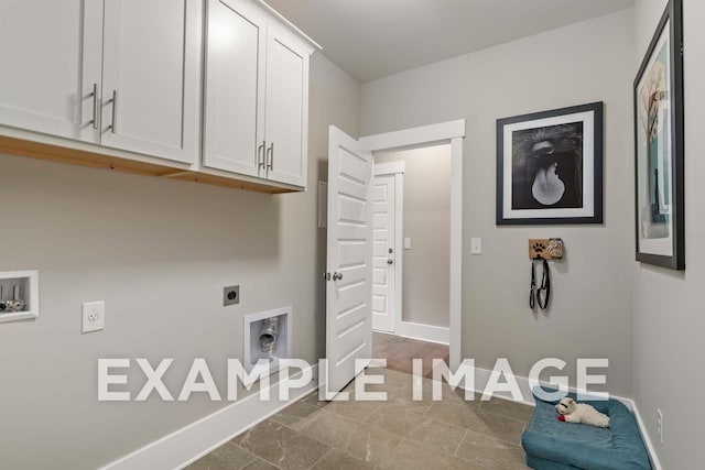 washroom featuring baseboards, hookup for a washing machine, cabinet space, and hookup for an electric dryer