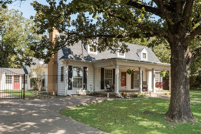 new england style home featuring covered porch and a front lawn