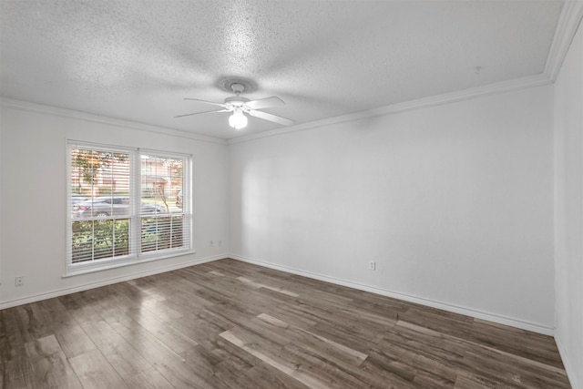 unfurnished room with a textured ceiling, dark hardwood / wood-style floors, ceiling fan, and crown molding