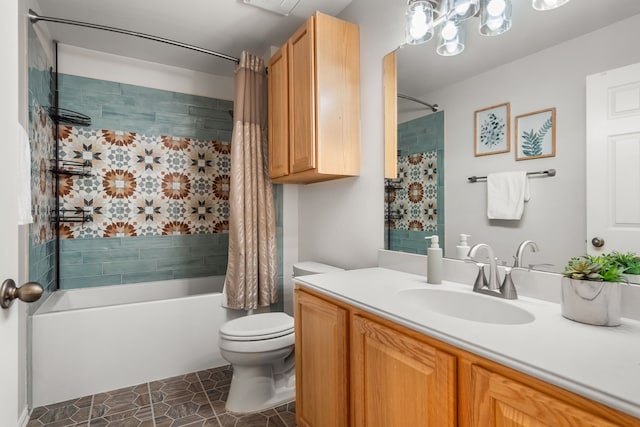 full bathroom featuring tile patterned floors, shower / bath combo, vanity, and toilet