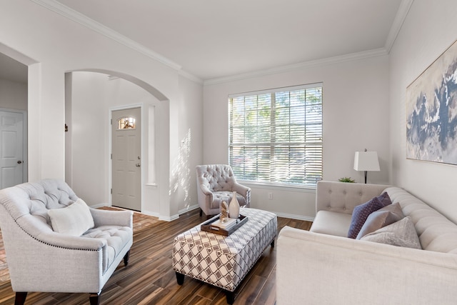 living room with dark hardwood / wood-style floors and ornamental molding