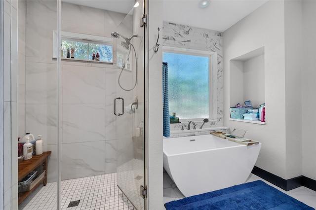 bathroom with independent shower and bath, plenty of natural light, and tile patterned flooring