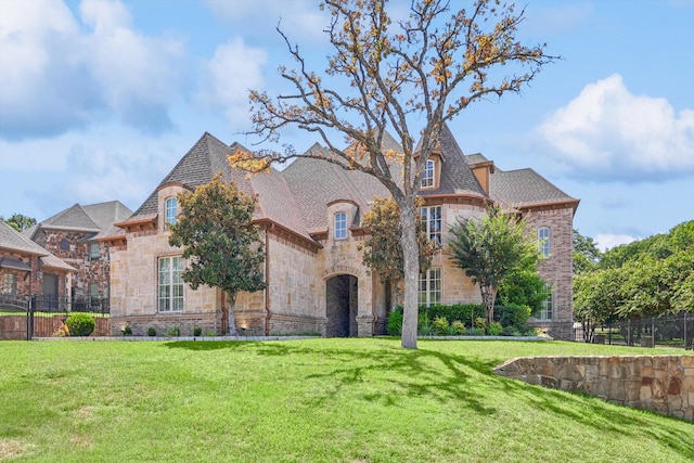 french country home featuring a front lawn