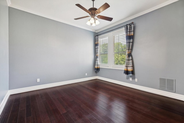 unfurnished room with ceiling fan, wood-type flooring, and ornamental molding